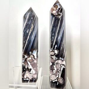 Collector’s Extra Large Black Flower Agate Crystal Tower Set (2)